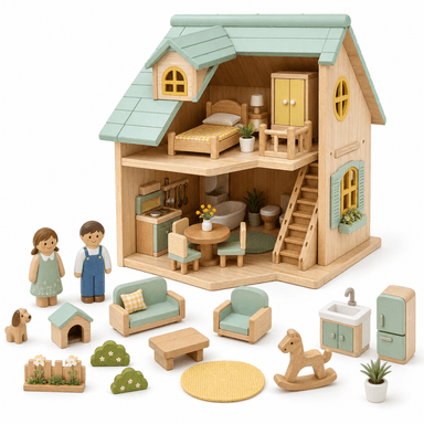 Sunny Cottage Dollhouse Playset, 20 Pieces on a white background