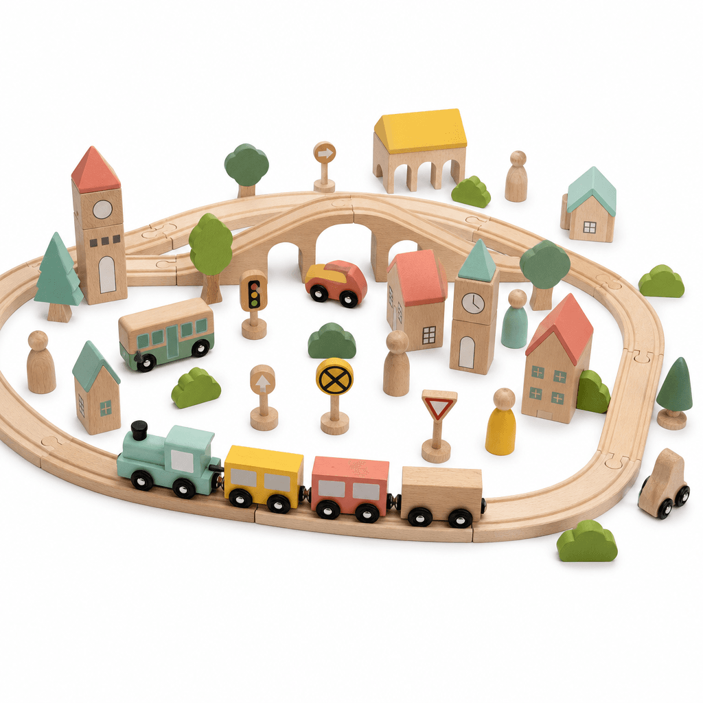 Wooden Town Train Set, 40 Pieces on a white background